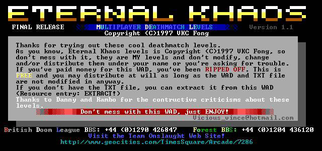 ENDOOM image for Eternal Khaos Deathmatch Levels v1.1